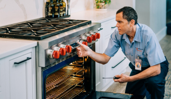 Mr. Appliance technician talking with client